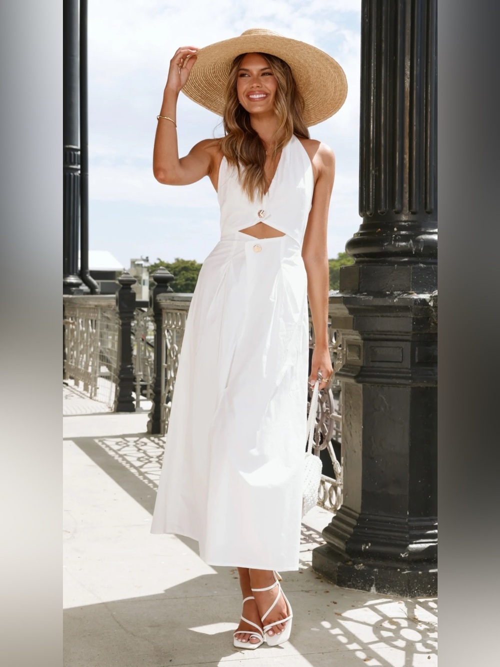 NWT Billy J Wesley Halter Neck Maxi Dress White Cotton Size 6 Pockets - Picture 2 of 13